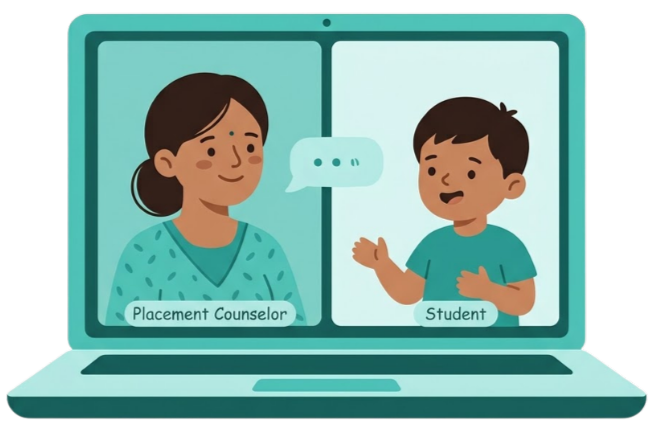 Illustration of a 1:1 placement test session between placement counselor and student